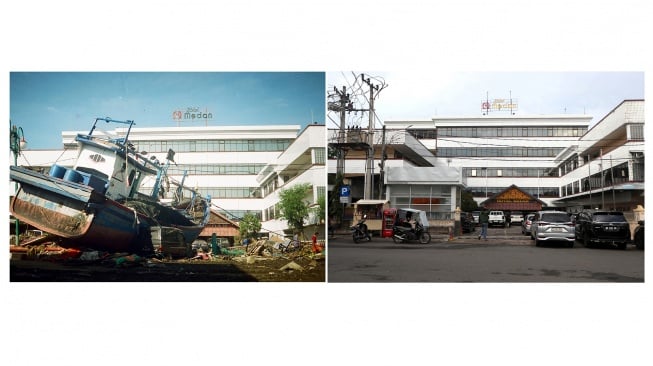 Foto kolase warga berjalan diantara puing-puing dan kapal nelayan yang dibawa gelombang tsunami di depan Hotel Medan (kiri) dan warga melintas di depan Hotel Medan di Peunayong, Banda Aceh (kanan). [ANTARA FOTO]