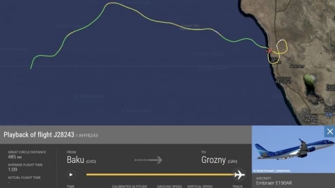 Data radar penerbangan J28243 yang jatuh di dekat Bandar Udara Aktau di Kazakhstan milik Azerbaijan Airlines yang dikeluarkan akun X @flightradar24 diakses di Kuala Lumpur, Rabu (25/12/2024). (Akun X @flightradar24)