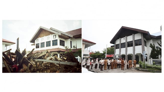 Foto kolase tumpukan kayu yang dibawa gelombang tsunami 26 Desember 2004 di halaman gedung Dewan Perwakilan Rakyat Daerah (DPRK) Banda Aceh (kiri) dan Aparatur Sipil Negara (ASN) mengikuti apel di halaman Gedung Dewan Perwakilan Rakyat Daerah (DPRD) yang telah menjadi kantor Diskominfotik Kota Banda Aceh di Banda Aceh, Aceh (kanan). [ANTARA FOTO]