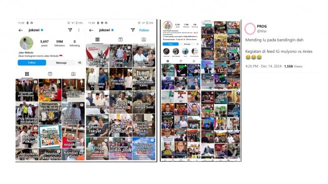 Cuitan warganet soal feed Instagram Jokowi dan Anies Baswedan. [X/@mar******** ]