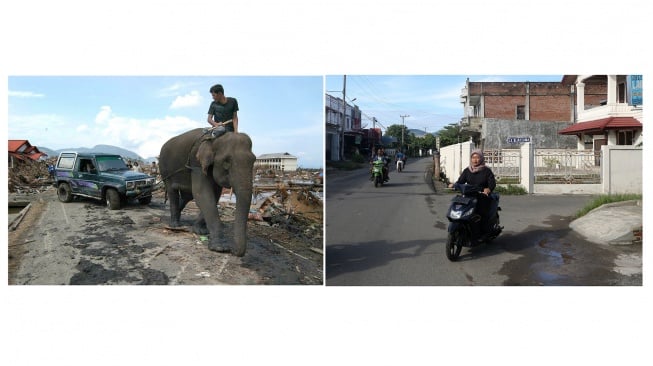 Foto kolase seekor gajah menarik sebuah kendaraan jeep diantara bangunan yang rusak akibat diterjang tsunami (kiri) dan warga melintas dengan menggunakan kendaraan bermotor di Surin, Banda Aceh (kanan). [ANTARA FOTO]