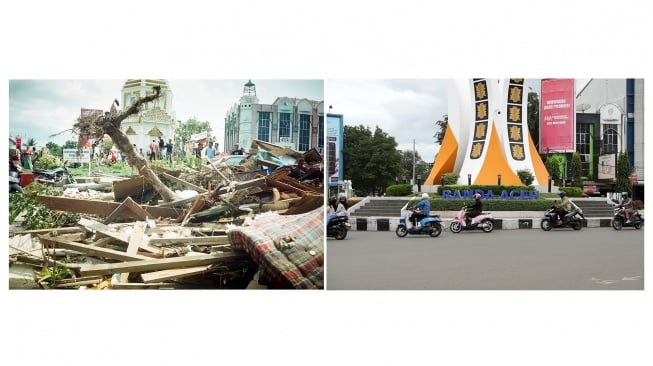 Foto kolase tumpukan kayu dan puing-puing yang dibawa gelombang tsunami di kawasan bundaran tugu Simpang Lima, Banda Aceh (kiri) dan pengguna lalu lintas melintas di kawasan bundaran tugu Simpang Lima, Banda Aceh (kanan). [ANTARA FOTO]