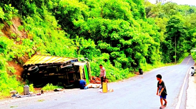 Overload! Truk Sawit Gagal Nanjak lalu Terbalik di Tanjakan Way Kancah Pesibar