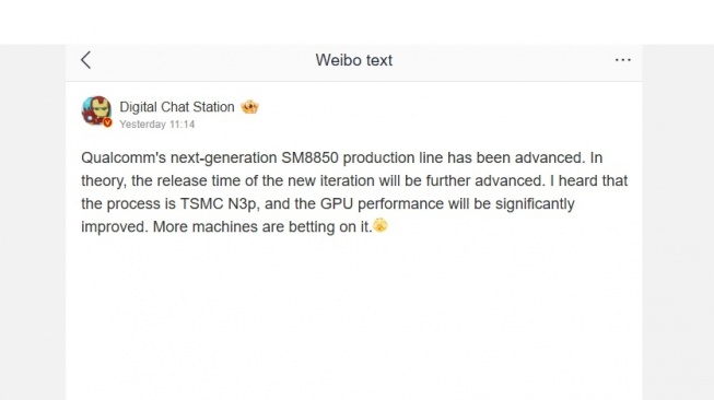 Bocoran waktu peluncuran Snapdragon Elite 2. [Weibo]