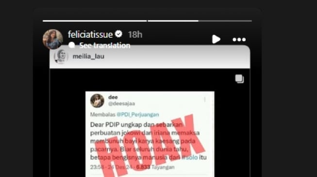 Unggahan Fellicia Tissue saat menepis berita hoaks soal dirinya dipaksa Jokowi gugurkan kandungan. (tangkapan layar/Instagram)