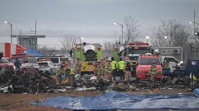 Petugas pemadam kebakaran dan petugas penyelamat bekerja di dekat reruntuhan pesawat Boeing 737-800 seri Jeju Air setelah pesawat itu jatuh dan terbakar di Bandara Internasional Muan di Provinsi Jeolla Selatan, Korea Selatan, Minggu (29/12/2024). [JUNG YEON-JE / AFP]