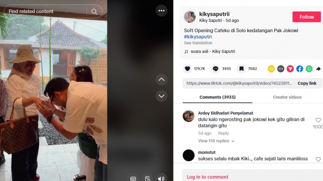 Iriana Jokowi saat sambangi kafe Kiky Saputri di Solo (TikTok/@kikysaputrii)