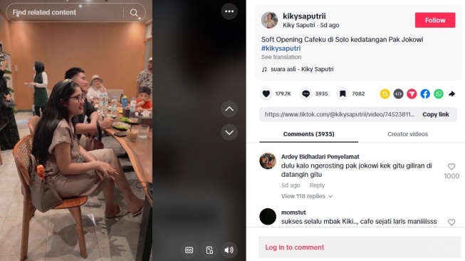 Erina Gudono saat sambangi kafe Kiky Saputri di Solo (TikTok/@kikysaputrii)