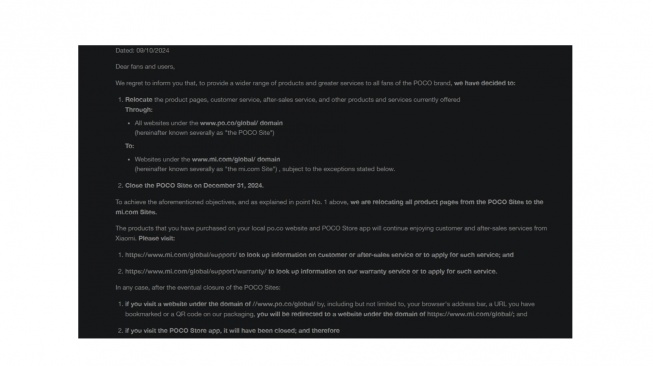 Pengumuman penutupan situs web Poco. [Xiaomitime]