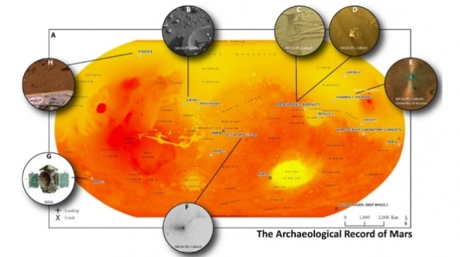 Peta menunjukkan 14 lokasi misi di Mars, lokasi yang menurut tim antropolog merupakan tempat ditemukannya artefak buatan manusia. [NASA / Justin Holcomb, dkk]