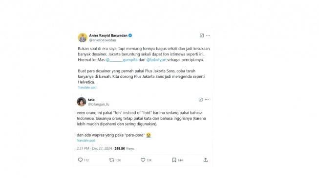 Cuitan warganet soal penggunaan bahasa Indonesia Anies Baswedan. [X/@bilangan_fu]