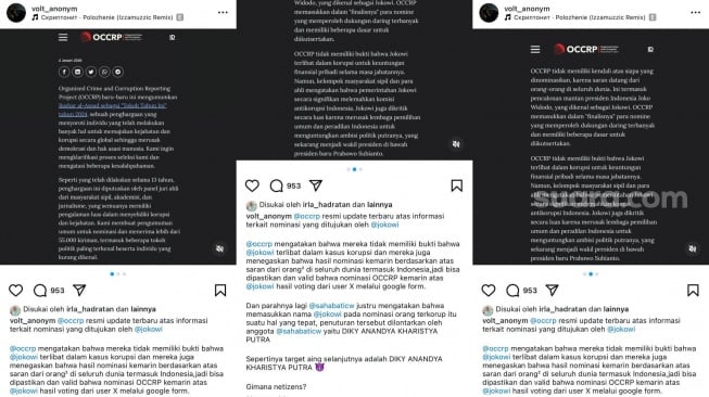 Tangkapan layar, update OCCRP atas informasi terkait nominasi Jokowi. [Instagram/@volt_anonym]