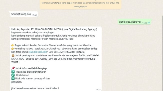 Penipuan mengatasnamakan PT Arkadia Digital Media melalui pesan WhatsApp. [Tangkapan layar/Ist]