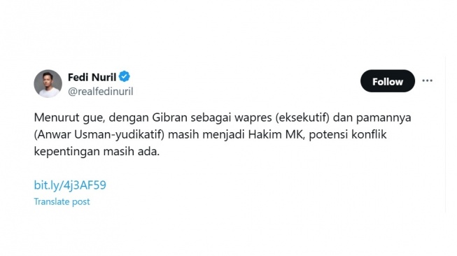 Cuitan Fedi Nuril. [X/@realfedinuril]