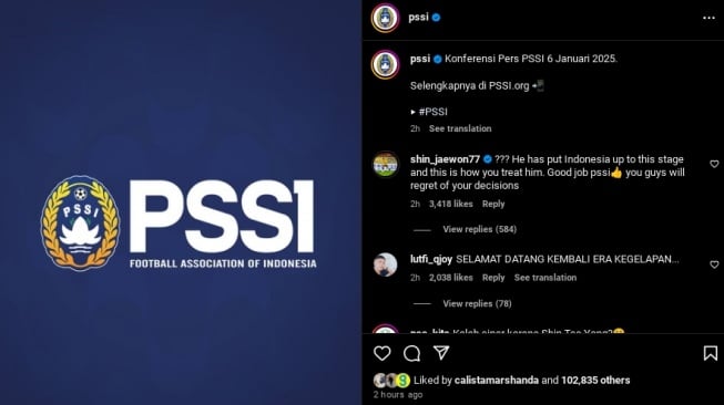 Tangkapan layar komentar Shin Jae Won anak Shin Tae-yong setelah ayahnya dipecat PSSI. [Instagram/@pssi]