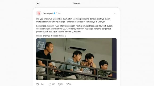 Potret unggahan penggemar sebut STY hadir di Gianyar saat PSSI interview calon pengganti. [Threads/@timnasgoal]