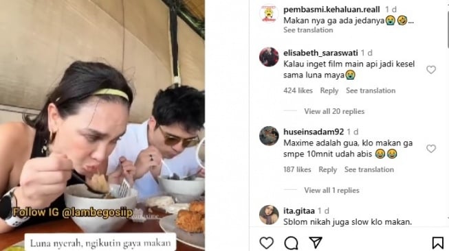 Etika makan Luna Maya dan Maxime Bouttier (Instagram/@pembasmi.kehaluan.reall)