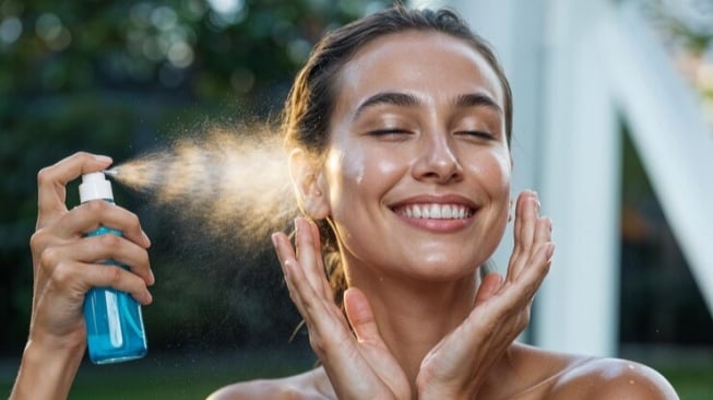 Ilustrasi menggunakan sunscreen spray (Freepik/shuvodey001)
