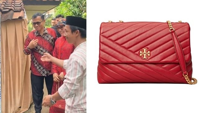 Tas Mama Fuji saat kondangan ke kampung ART. (Kolase toryburch.co.id dan TikTok/dewizuhriati)