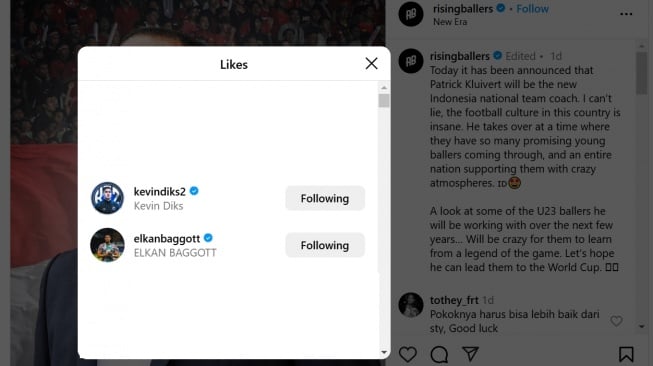 Elkan Baggott sukai postingan Patrick Kluivert tangani timnas Indonesia. (Instagram/@risingballers)