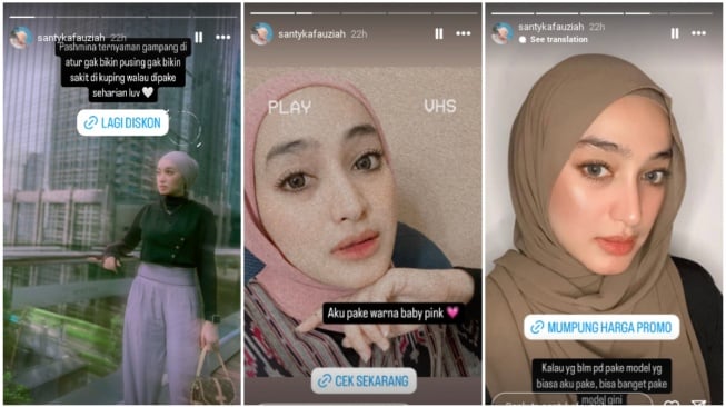 Kolase Instagram Story Santyka Fauziah promosi hijab saat acara 7 bulanan Mahalini. [Instagram/@santykafauziah]