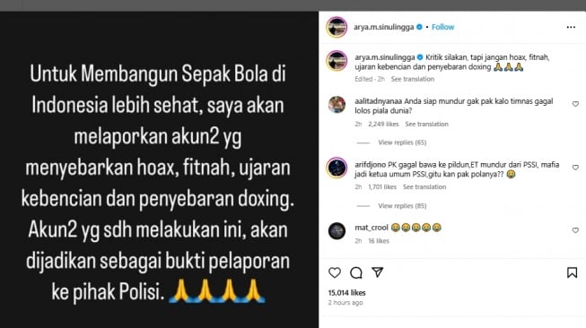 Unggahan Anggota Exco PSSI, Arya Sinulingga ancam polisikan akun penyebar hoaks. (tangkapan layar/Instagram)