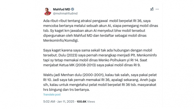 Cuitan Mahfud MD soal pemilik mobil pelat nomor RI 36. [X/@mohmahfudmd]