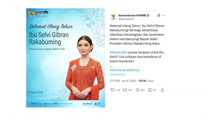 Cuitan akun Kementerian yang mengucapkan ulang tahun untuk Selvi Ananda. [X/@kempanrb]