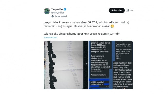 Cuitan soal murid yang dimintai uang. [X/@tanyarlfes]