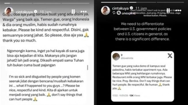 Cinta Kuya ungkap ekspresi kekesalan bencana kebakaran Los Angeles disebut azab Tuhan (Instagram/@cintakuya)