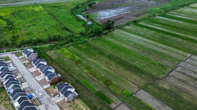 Foto udara kompleks perumahan yang berdiri di dekat area persawahan kawasan Wonoayu, Sidoarjo, Jawa Timur, Minggu (12/1/2025). [ANTARA FOTO/Umarul Faruq/foc]