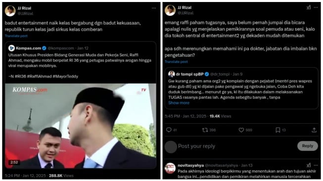 Kolase tangkapan layar sentilan sejarawan JJ Rizal untuk Raffi Ahmad sebagai Utusan Khusus Presiden. [X/@JJRizal]