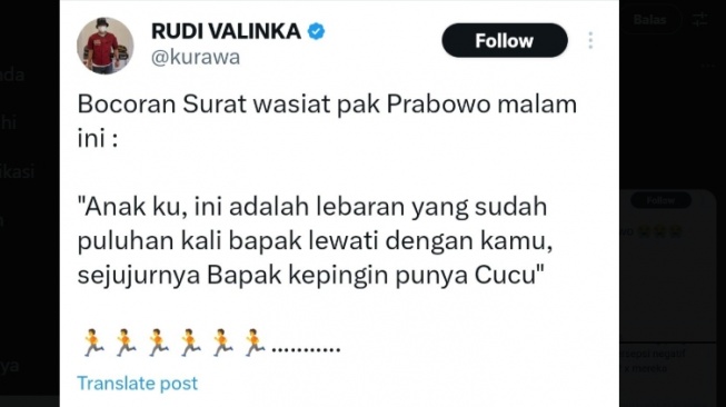 Cuitan lawas Rudi Valinka hina Prabowo. (tangkapan layar/X)