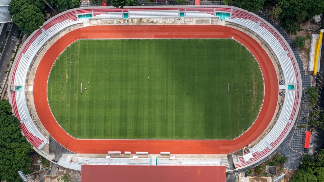 Foto udara stadion Bumi Sriwijaya Palembang, Sumatera Selatan, Kamis (16/1/2025). [ANTARA FOTO/Nova Wahyudi/Spt]