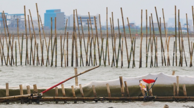 Penampakan pagar laut yang berada di kawasan perairan Tarumajaya, Bekasi, Jawa Barat, Kamis (16/1/2025). [Suara.com/Alfian Winanto]