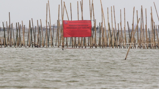 Spanduk penyegelan yang terpasang di pagar laut yang dibuat menggunakan bambu di Tarumajaya, Bekasi, Jawa Barat, Kamis (16/1/2025). [Suara.com/Alfian Winanto]