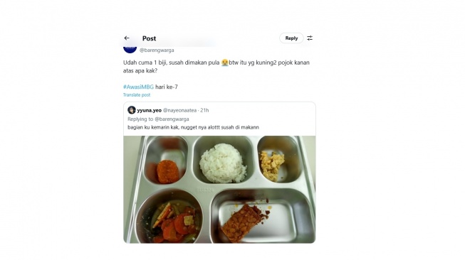 Cuitan warganet soal menu Makan Bergizi Gratis hari ke-7. [X/@barengwarga]