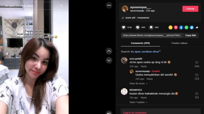 Ayu Soraya ungkap kabar terkini soal mantan suaminya, Ko Apex (TikTok/@@ayusorayaa__)