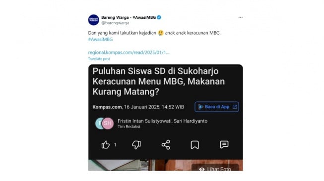 Cuitan soal murid keracunan Makan Bergizi Gratis. [X/@barengwarga]