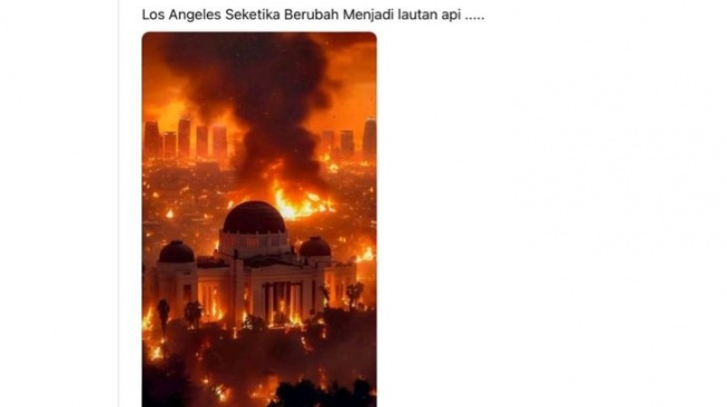 Unggahan yang menampilkan foto masjid tidak terbakar ditengah api kebakaran Los Angeles. Faktanya, foto tersebut merupakan deepfake. (Antara/Threads)