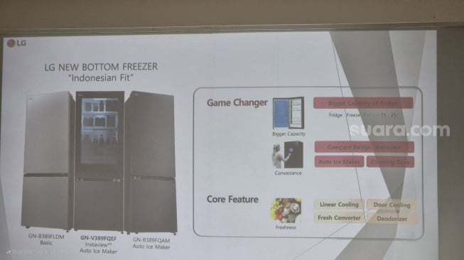 Rangkaian LG Bottom Freezer yang diproduksi di Legok, Tangerang, Senin (20/1/2025). [Suara.com/Dythia]