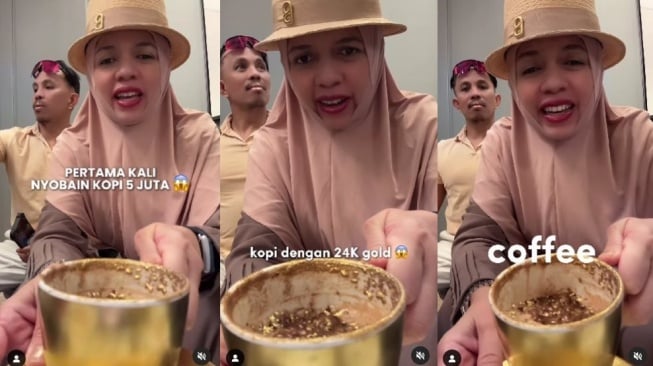 Geni Faruk minum kopi bertabur emas. (Instagram/genifaruk)