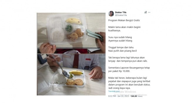 Cuitan warganet soal penampakan menu Makan Bergizi Gratis. [X/@DokterTifa]