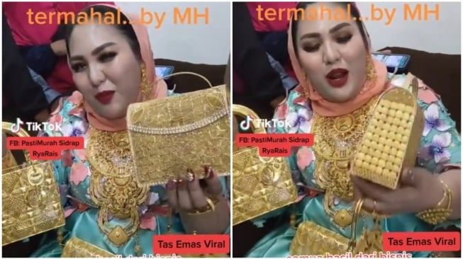 Koleksi tas emas Mira Hayati. [TikTok/@pasti_murah_mh_kosmetik]