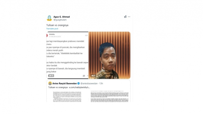 Cuitan warganet yang membandingkan tulisan Gibran Rakabuming dan Anies Baswedan. [X/@gusghulam]