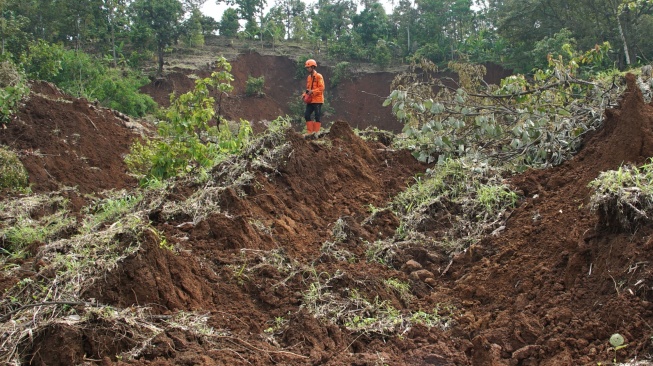 Petugas BPBD berdiri di lokasi longsor Dusun Jumok, Desa Sambirejo, Kecamatan Wonosalam, Kabupaten Jombang, Jawa Timur, Jumat (24/1/2025). [ANTARA FOTO/Syaiful Arif/nym]