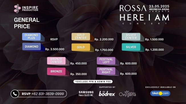 Tiket dan kelas untuk konser Rossa "Here I Am" yang akan digelar di ndonesia Arena, Jakarta pada 23 Mei 2025. [Instagram]