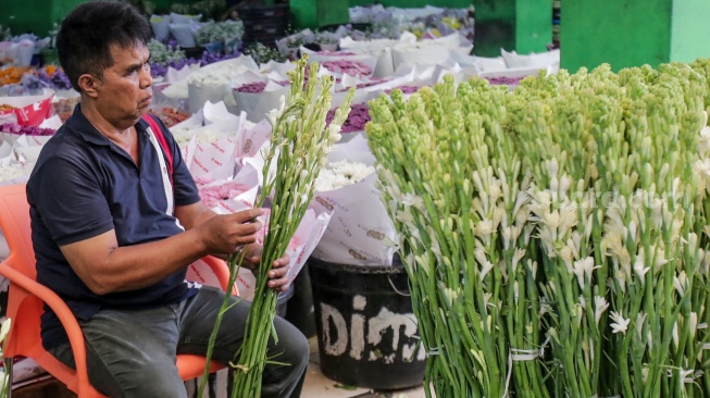 Pedagang menyiapkan bunga sedap malam di Pasar Bunga Rawa Belong, Jakarta, Selasa (28/1/2025). [Suara.com/Alfian Winanto]