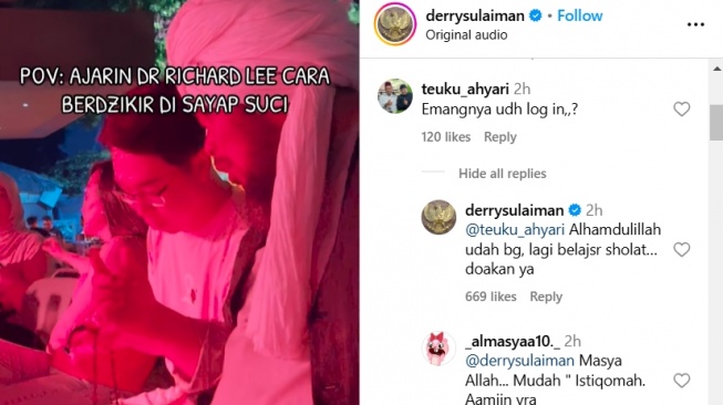 Unggahan Ustaz Derry Sulaiman soal Dokter Richard Lee [Instagram/@derrysulaiman]