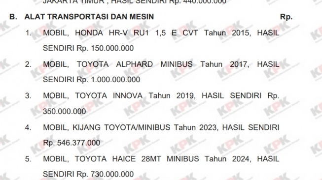 Koleksi mobil Nusron Wahid (LHKPN)